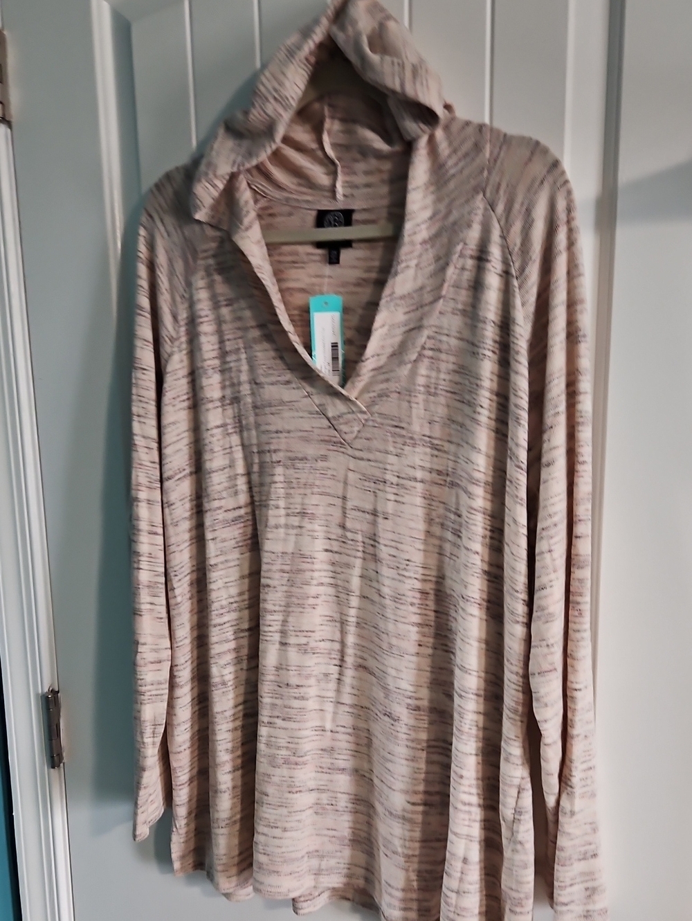 bobeau Light Pink Striped Hooded V-Neck Pullover